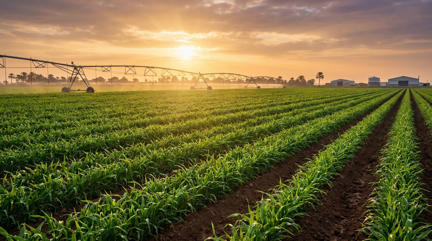 Modern drip-irrigation field at dawn